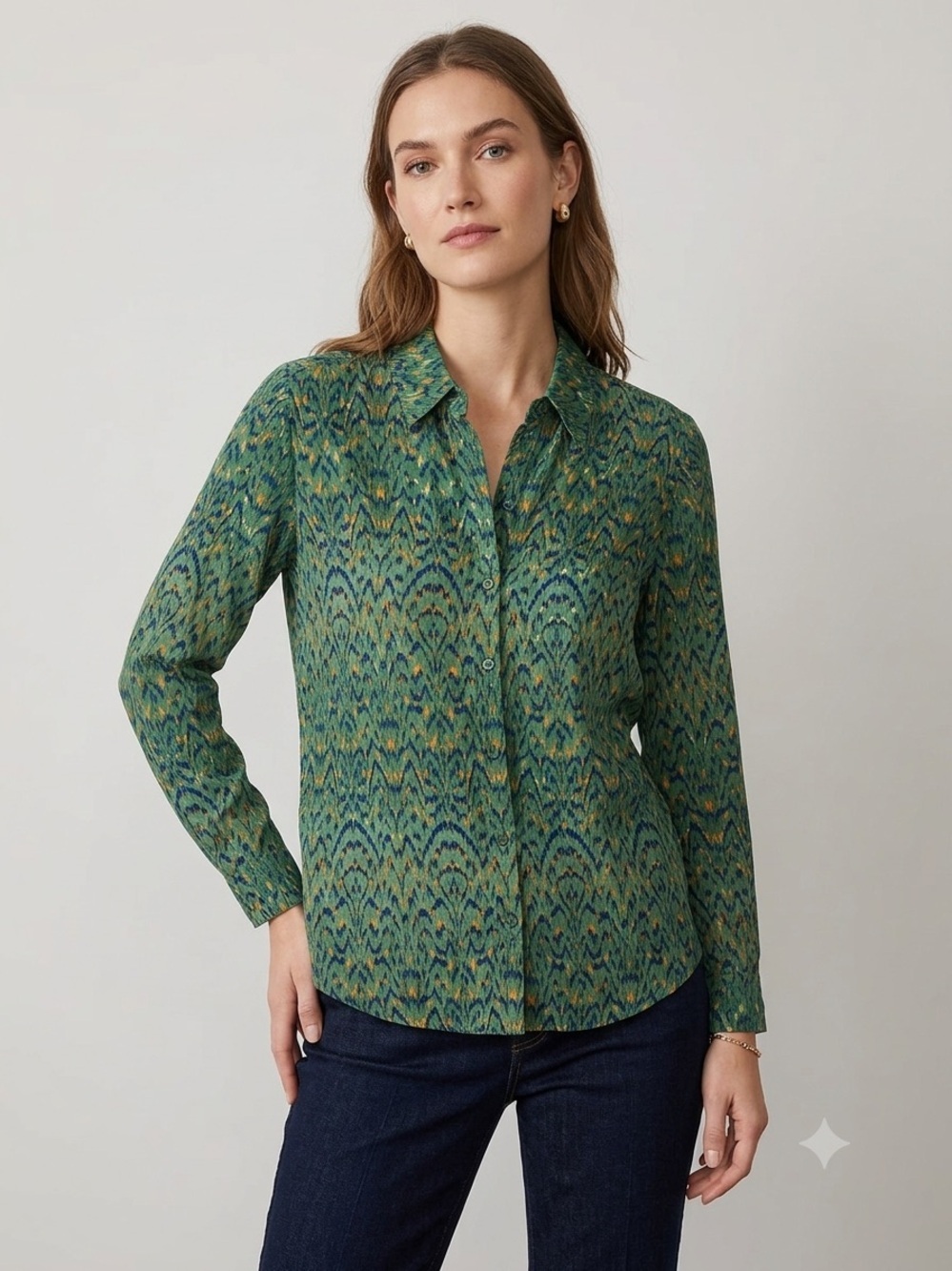 Liverpool Los Angeles Green Abstract Print Sheer Button Front Blouse Size S